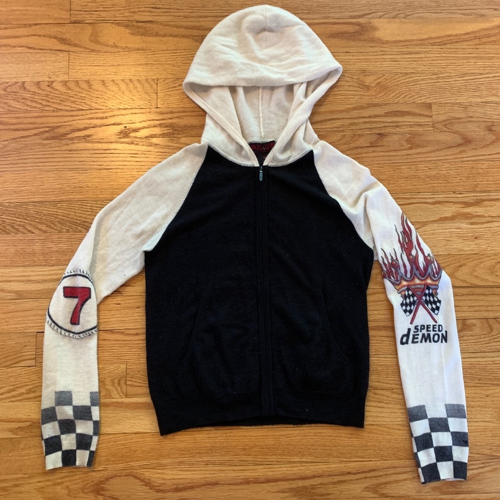 VINTAGE Black/Cream cashmere zip up hoodie sweater